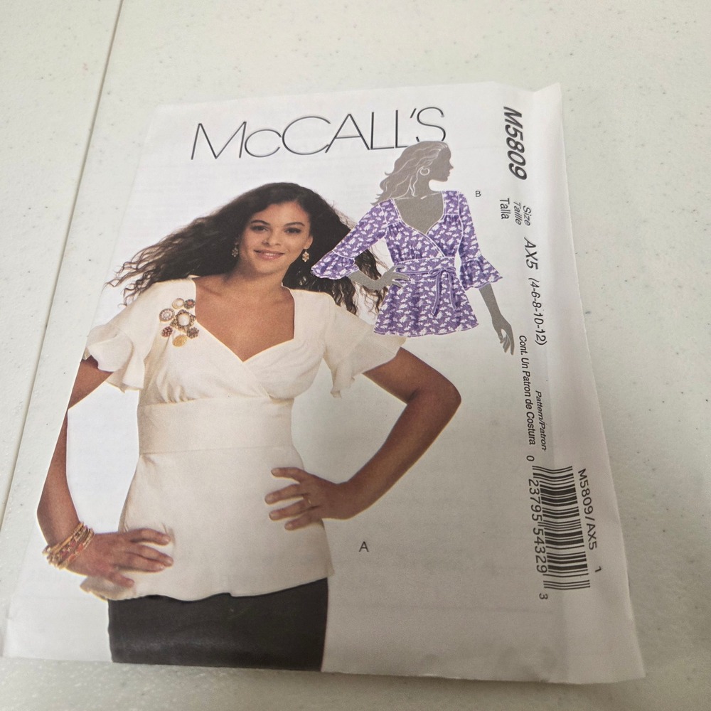 McCalls M5809 Misses Tops Belt Sewing Pattern Size 4-12 V-Neck Flutter Sleeve